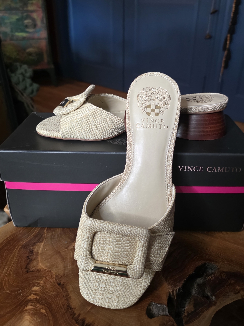 Vince Camuto Natural Beige Raffia Buckle Slide Mules